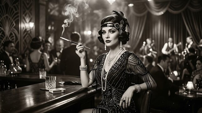 Elegant flapper girl at a jazz age speakeasy smoking a cigarette vintage style portrait