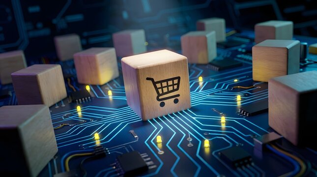 Global e commerce shopping cart icon on circuit board digital marketplace online retail