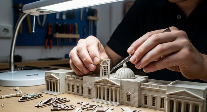 Close-up of a person's hands using tweezers to assemble a detailed wooden or plastic miniature model of a classic public building under a desk lamp.