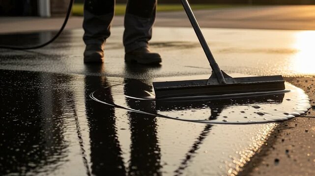 Worker applying asphalt sealant
