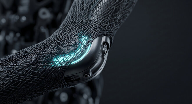 Futuristic bionic arm with carbon fiber texture, robotic prosthetic limb with glowing blue lights, advanced cybernetic technology for human enhancement