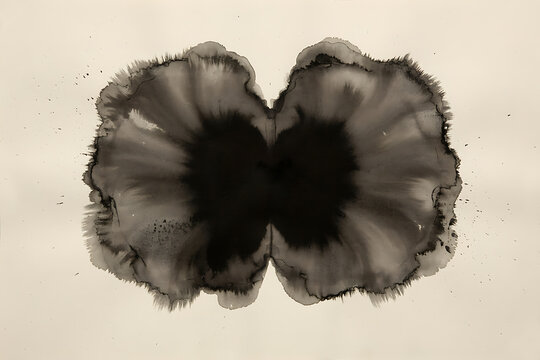 Symmetrical black ink blot with feathered edges and splatters on a beige background, for rorschach style, artistic test patterns