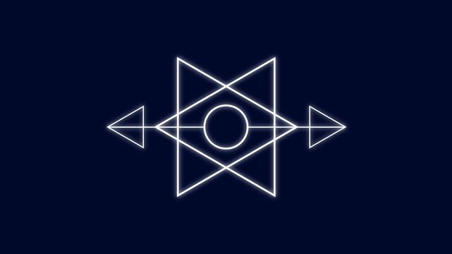 Neon geometric star symbol with arrows motion on dark blue background