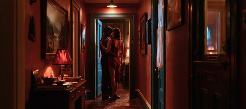 Couple practicing dance steps in warmly lit hallway before evening out