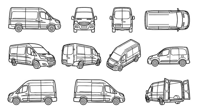 Black Outline Delivery Van Vector Icon Set Featuring Front Side Rear Top Isometric and Open Door Views in Minimalist Line Art