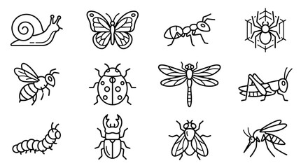 Black Outline Insect and Bug Vector Icon Set Featuring Snail Butterfly Ant Spider Bee Caterpillar and Minimalist Line Art Pictograms © B