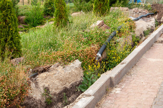 Construction site with drainage pipe and overgrown vegetation near paved walkway