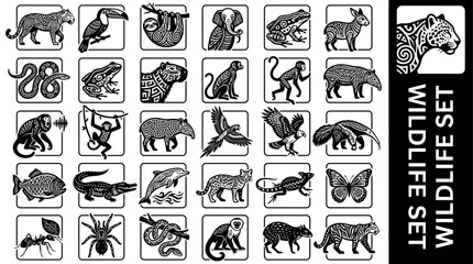 Obraz premium Set of black and white animal silhouette icons in vector style featuring tropical fauna, mammals, birds, reptiles, and insects in square frames