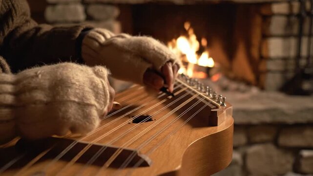 Cozy winter evening: playing a dulcimer by a warm fireplace