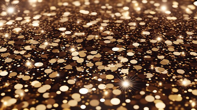 Glitter particles shine shiny sparkle circles dotted brown beige point confetti texture pattern black background overlay lights shining gloss sparkling glow festive holiday effect.