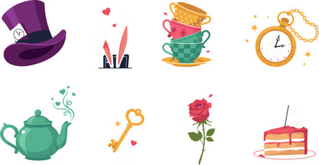 Alice in wonderland vector icon set with mad hatter top hat stacked teacups pocket watch teapot golden key and rose illustrations © Edo Rifandi!