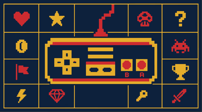 Pixel art video game icons and symbols on a grid.