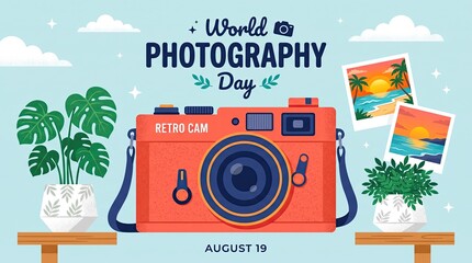 World photography day illustration retro camera tropical prints and lush greenery