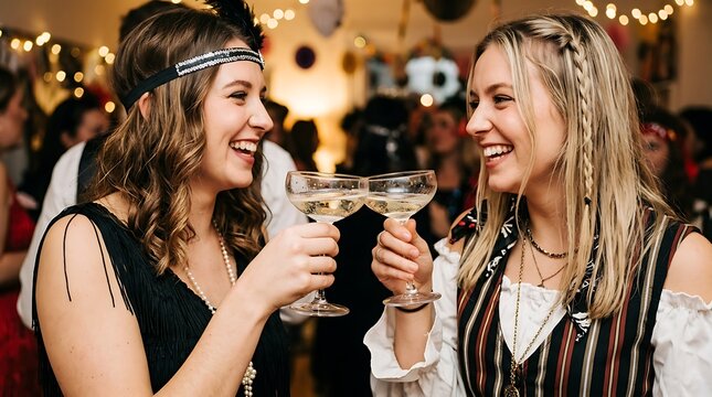 Two women toasting with champagne at a 1920s themed party celebrating a special occasion together