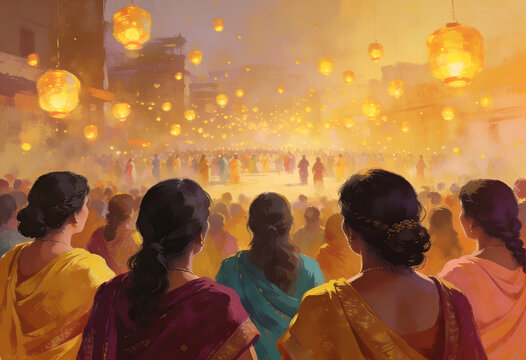 Women in traditional Indian clothing watching a festive lantern release at night