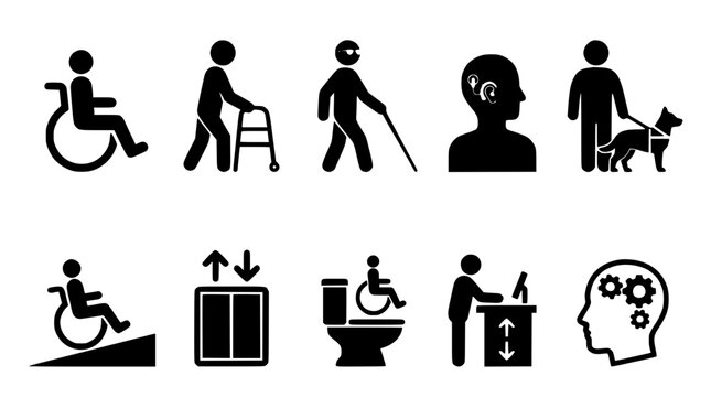 Accessibility Icons in Grid with Wheelchair, Cane, Hearing Aid, Service Dog, Ramp, Elevator, Toilet, Sign Language, and Brain
