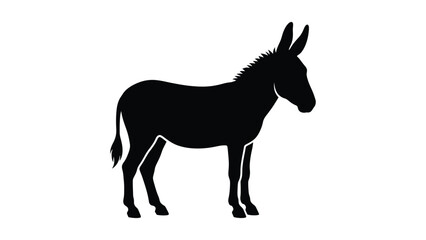 Minimalist black silhouette of donkey standing in profile with upright ears and hanging tail, simple stylized design symbol representing animal, culture, farming, and wildlife concepts © Clipzax