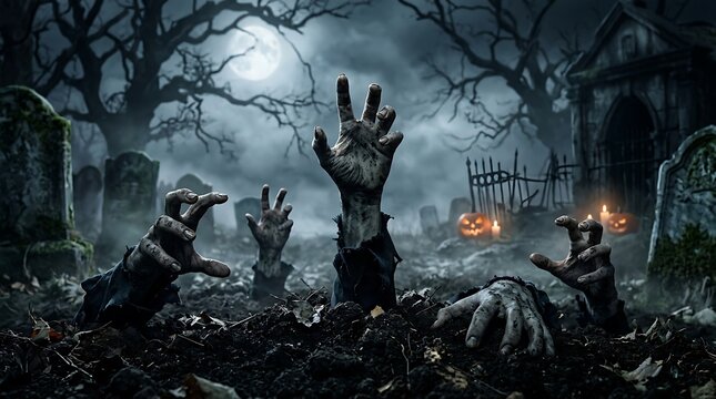 Eerie halloween graveyard scene with zombie hands emerging from graves under a full moon