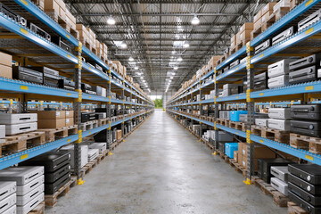 Fototapeta premium Long warehouse aisle lined with shelves. Rows hold stacked boxes and electronic devices. Bright overhead lights illuminate the concrete floor. Empty space suggests readiness for logistics or inventory