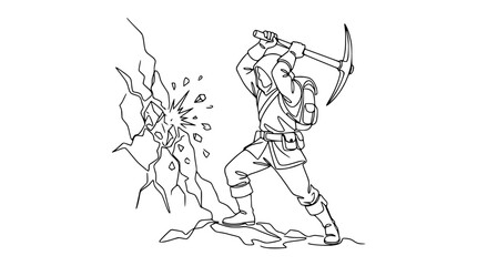 Miner striking rock with pickaxe, breaking stone, mining, excavation, labor, hard work, illustration © Hujan