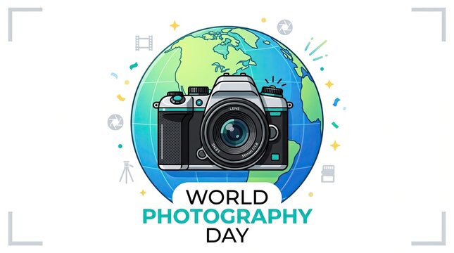 World photography day celebration with camera and globe