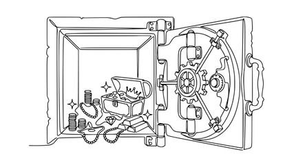 Open Safe Filled with Treasure: Gold, Jewels, Coins, and Crown in Chest © Hujan
