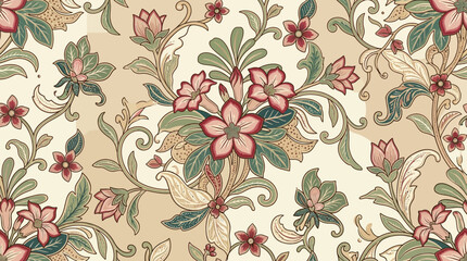 Luxury modern Indonesian botanical batik inspired by Adenium (Desert Rose) flowers, elegant stylized floral motifs with layered five-petal blossoms, decorative branches and lush foliage, flowing vines © khan