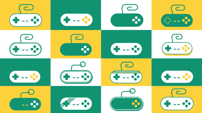 Green and yellow video game controllers on checkered background.