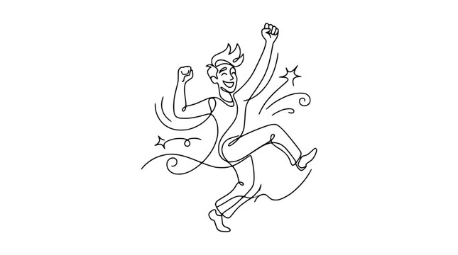 Joyful Man Celebrating Victory with Arms Raised, Dynamic Line Art Illustration