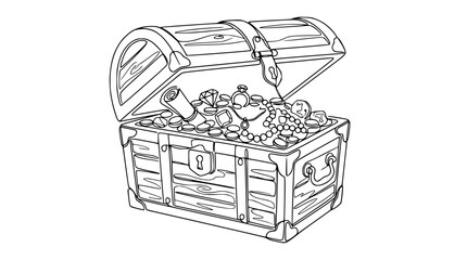 Open Treasure Chest Filled With Gold Coins, Jewels, and Scroll - Outline Drawing © Hujan