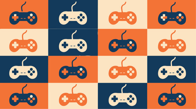 Colorful video game controllers in a grid pattern.