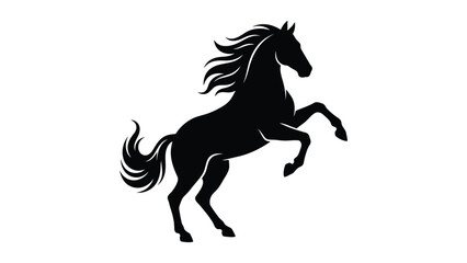 Minimalist black silhouette of horse rearing on hind legs with flowing mane and tail, dynamic equestrian design symbol representing strength, freedom, power, and wildlife concepts © Clipzax