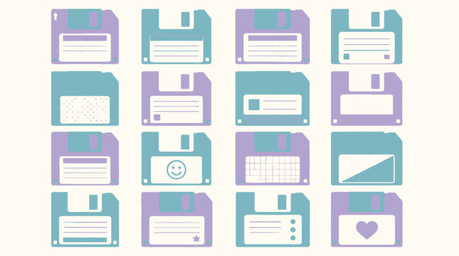 Collection of colorful floppy disk icons in purple and blue hues.