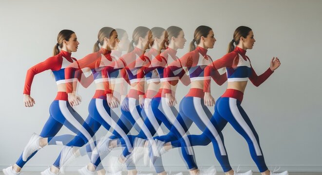 A multiple exposure action shot showing the step-by-step running motion of a woman wearing a red, white, and blue sports outfit against a grey wall