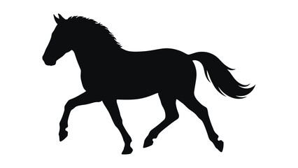 Minimalist black silhouette of horse in motion with flowing mane and tail, dynamic equestrian design symbol representing strength, grace, speed, and animal wildlife concepts © Clipzax