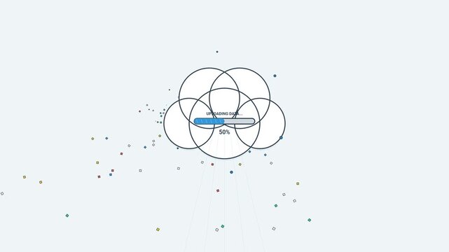 Cloud Computing Data Upload Animation with Progress Bar and Floating Particles on Light Background