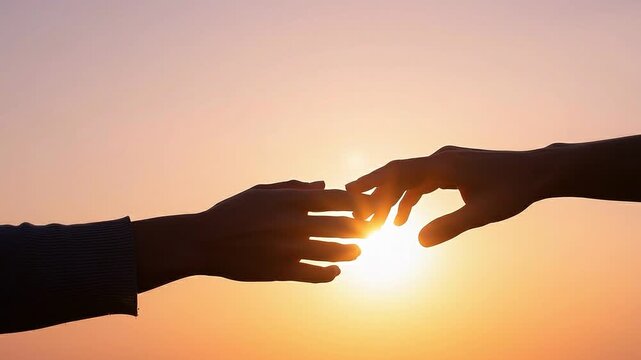 Silhouetted hands reaching towards each other at sunset