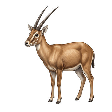 Isolated realistic illustration of a standing Saola, long straight horns, tan coat, rare Asian unicorn, white background.