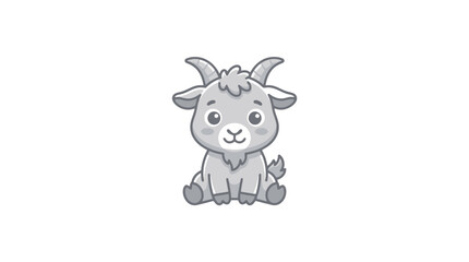 Fototapeta premium Dynamic Cartoon Goat with Curly Horns and Fluffy Mane Sitting in Minimalist Gray and White Style