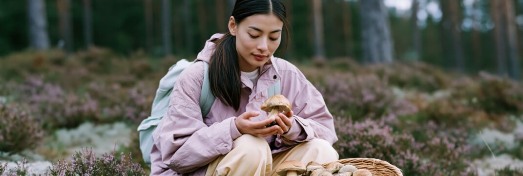 Woman in light pink jacket examining a mushroom while sitting in a pine heath with wicker basket for nature background and banner design