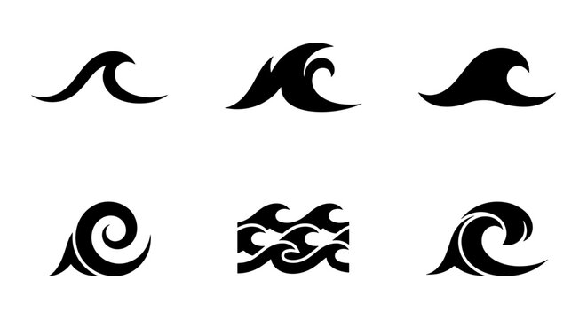 Black Wave Icons Set, Ocean Swirl and Cresting Water Symbols, Nautical Marine Design Elements, Stylized Sea Surfing Vector Graphics
