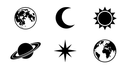 Celestial Icons Set: Moon, Crescent, Sun, Saturn, Star, Earth Vector Graphics, Cosmic Symbols for Astronomy and Space Exploration Designs © sakil