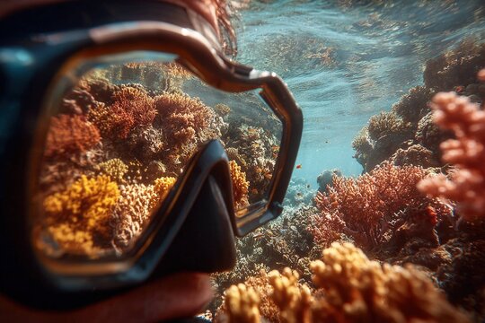 endangered coral reef seen through scuba diver mask