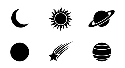 Celestial Icons Set: Moon, Sun, Saturn, Planet, Comet, Star, Space Objects, Astronomy Graphics, Cosmic Symbols, Black and White Vector Illustrations © sakil
