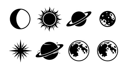 Fototapeta premium Celestial Icons Set, Space Planets and Moon Phases Vector Graphics, Cosmic Star and Sun Symbols, Astronomical Elements Collection