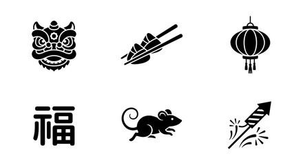 Naklejka premium Chinese New Year Icons: Lion Dance, Sushi, Lantern, Fortune Symbol, Rat, Firework Vector Set for Festive Celebration Graphics