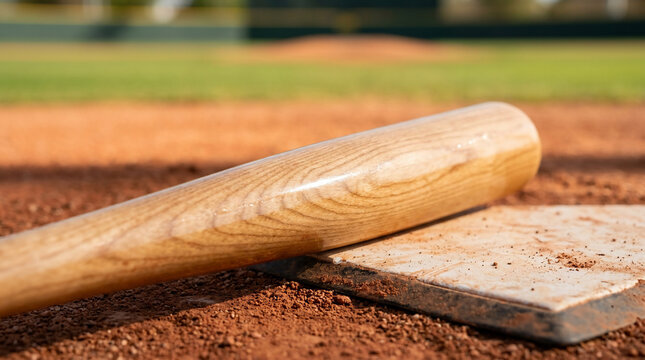 Close Up View of a Wooden Baseball Bat Resting on Home Plate at a Professional Baseball Stadium Field During a Sunny Day