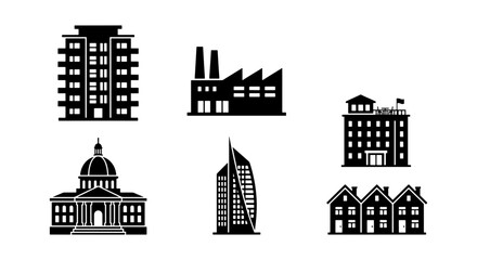 Obraz premium Modern Building Icons Set, Diverse Architecture Silhouettes, Urban Cityscape Elements, Commercial Property Graphics