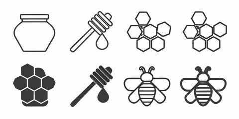 Honey Jar Dipper Honeycomb And Bee Icons On White Background © Ripa