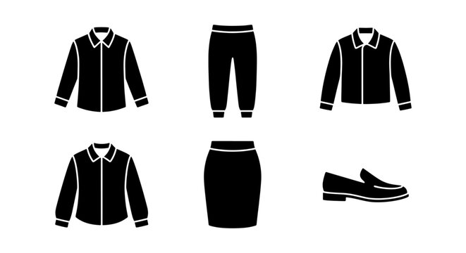 Black Silhouette Fashion Icons: Casual Outfits, Business Attire, Footwear, Vector Graphics for Style Guides and E-commerce